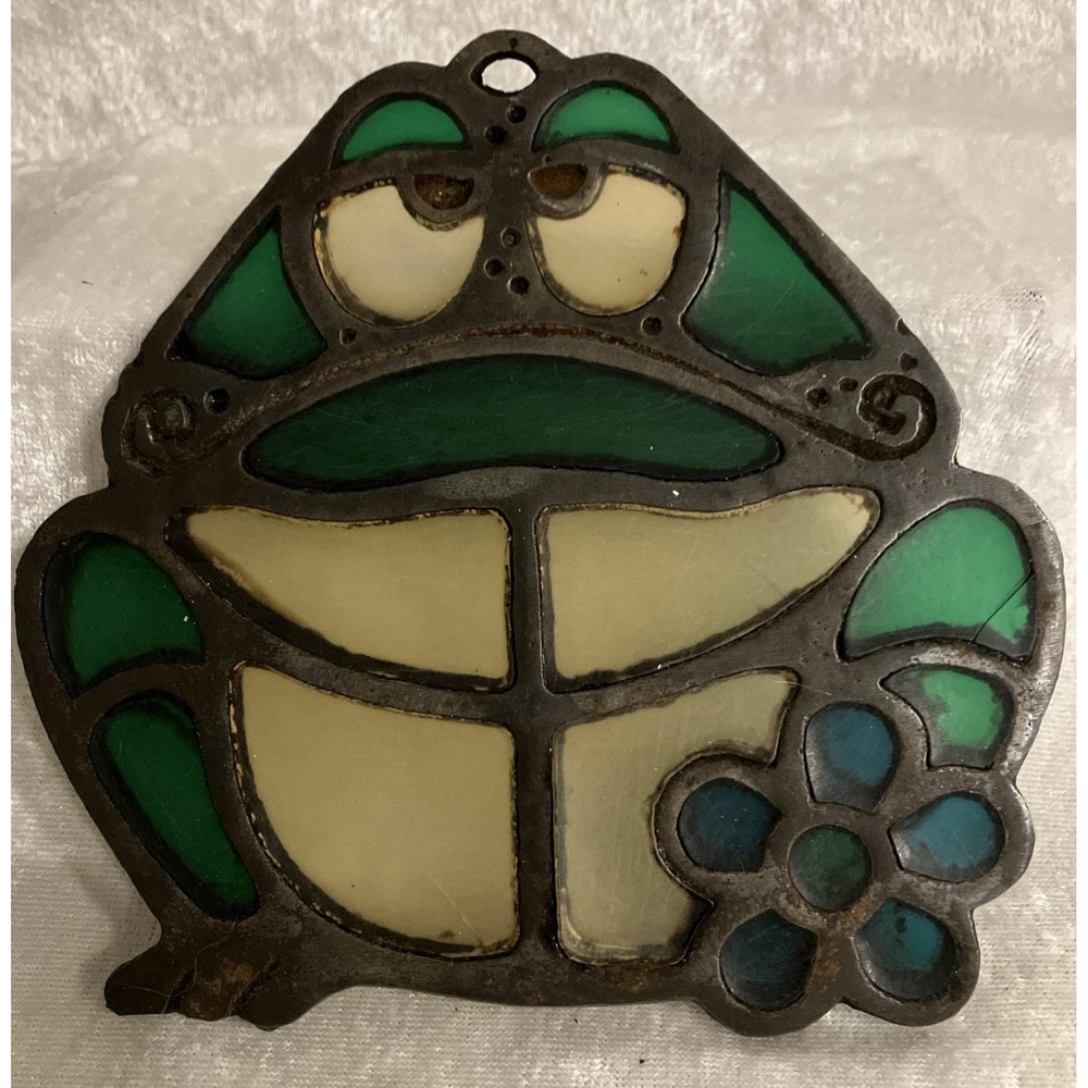 Vintage Faux Stained Glass Frog Footed Trivet Or Sun Catcher– Cast Metal Retro